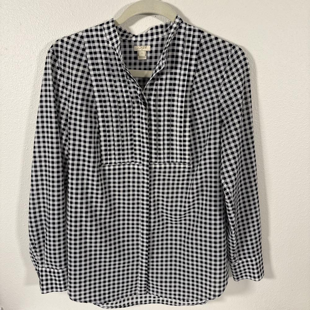 J Crew Women's Button Up Black/White Check Blouse Sm L/S Pleat Front F2